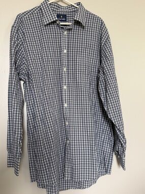 Stafford Men's Navy and White Plaid Button-Down Shirt